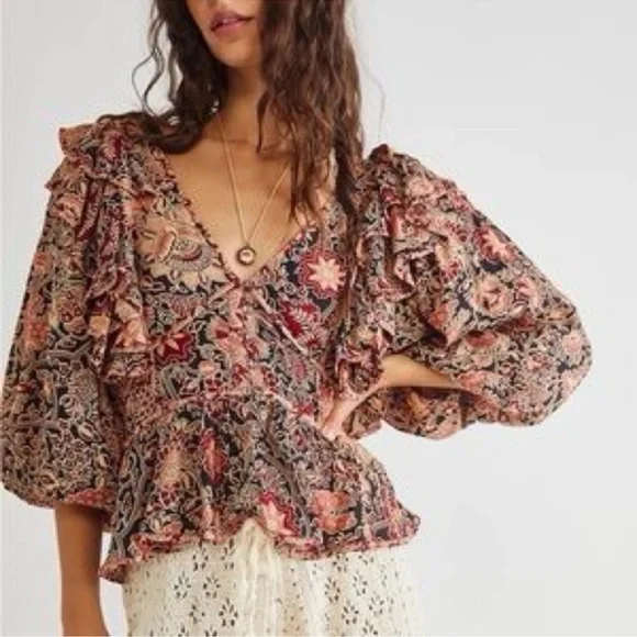 House of Harlow 1960 Jaipur Print Boho Abstract Floral Blouse Top Sz L Black Red - Picture 2 of 16